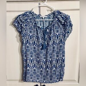 Rose + Olive Blue and White Floral/Paisley Boho Style Top.